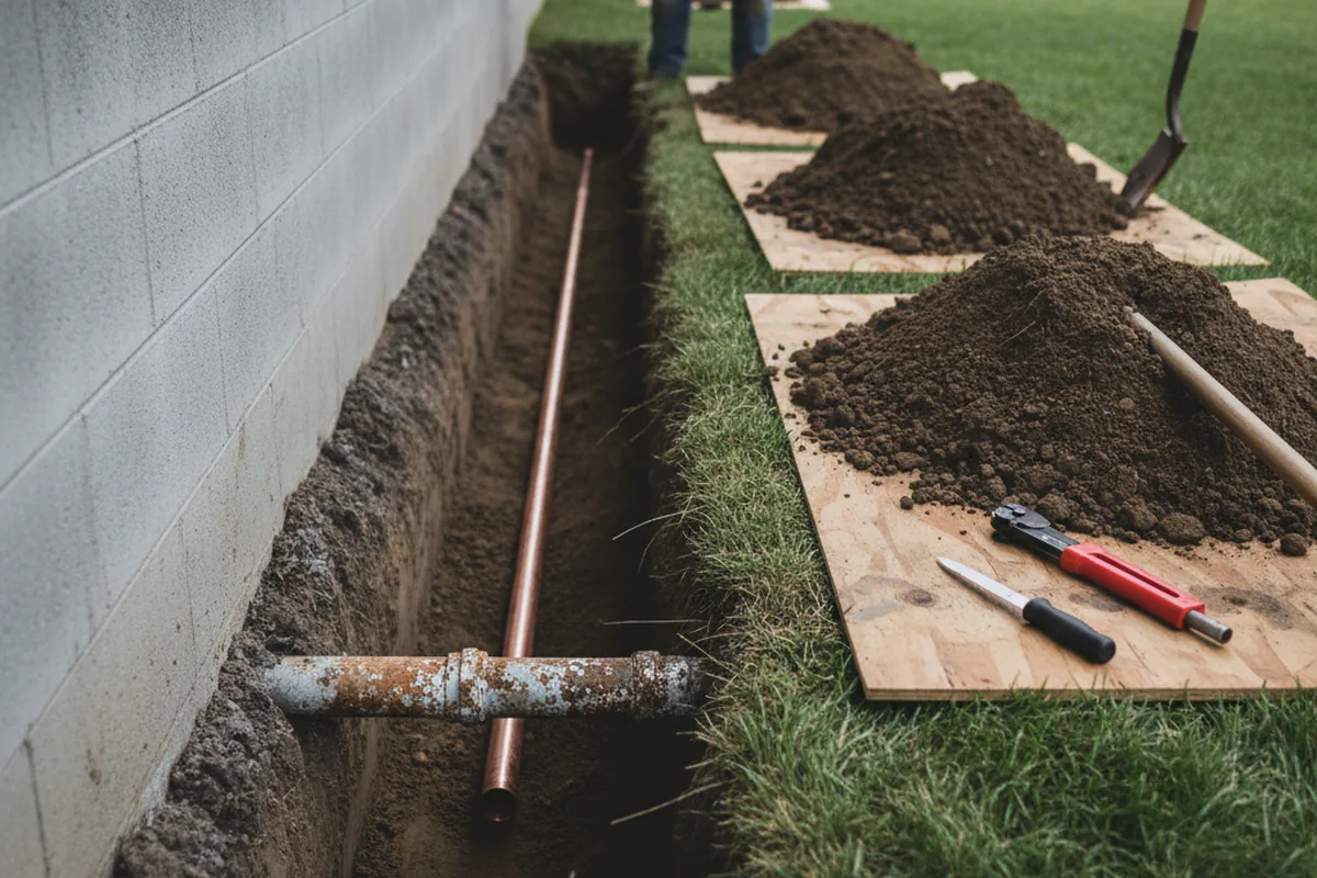 Excavated water line trench during Water Softener Installation in North Georgetown